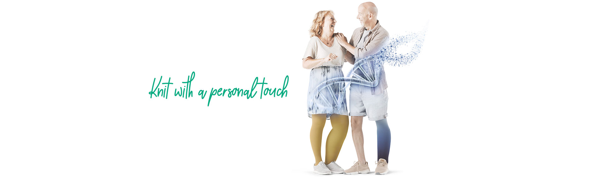 Two people smiling at each other. Next to it the lettering ‘Knit with a personal touch’