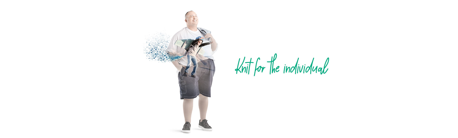 A man reflects on his childhood dreams. Next to it the lettering "knit for the individual"