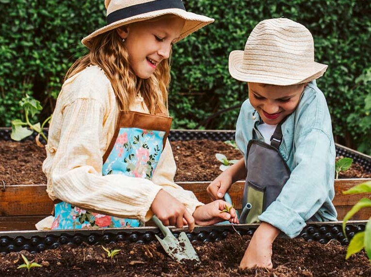 Zwei Kinder machen Gartenarbeit in einem Hochbeet